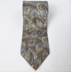 Christian Dior Monsieur Vintage Geometric Pattern Silk Tie Gray Tan Teal Mens